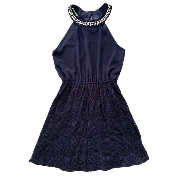 Blue Rain Womens Mini Dress Small Pearls Blue Beaded Lace Fit And Flare Halter - Picture 1 of 12